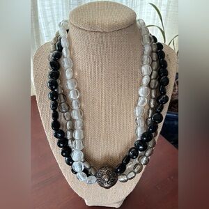 Triple Strand Black and Silver Beaded Necklace